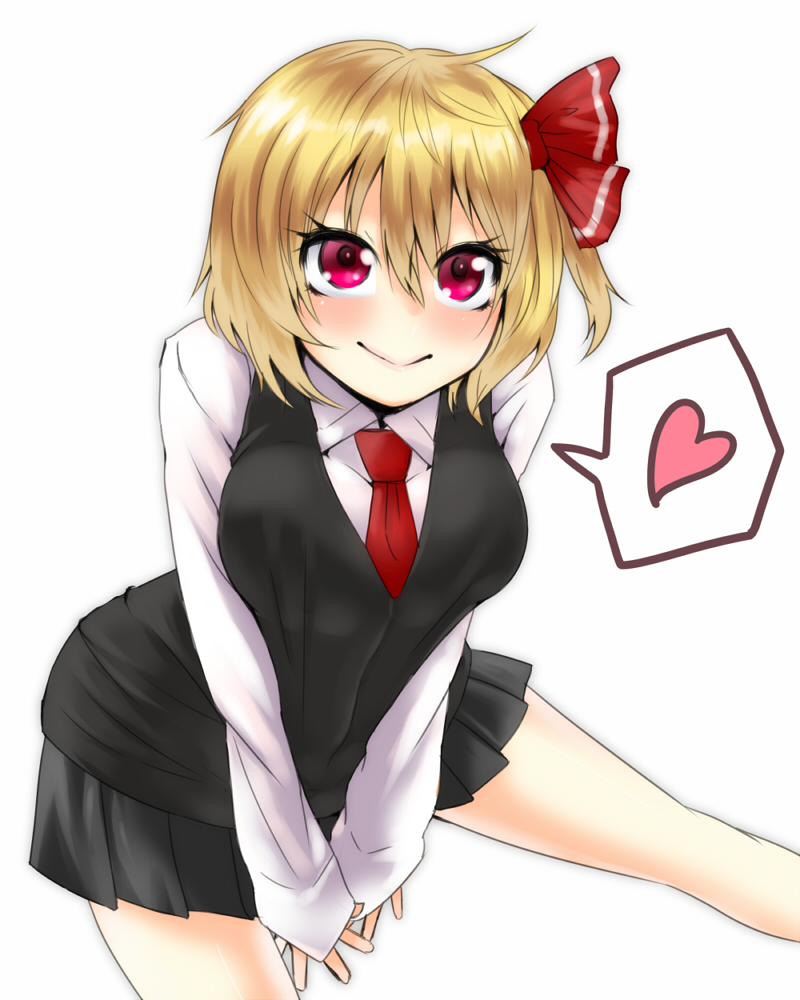 blonde_hair blush breasts doyouwantto hair_ribbon heart large_breasts necktie pleated_skirt red_eyes red_neckwear ribbon rumia short_hair simple_background skirt skirt_set smile solo spoken_heart touhou v_arms white_background