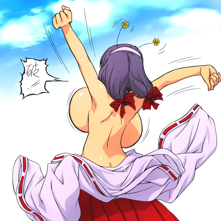 \o/ arms_up back backboob blue_sky bouncing_breasts bow breasts butt_crack from_behind hair_bow hairband hataraki_ari huge_breasts japanese_clothes miko original outstretched_arms purple_hair sky solo stretch topless translation_request twintails unaligned_breasts