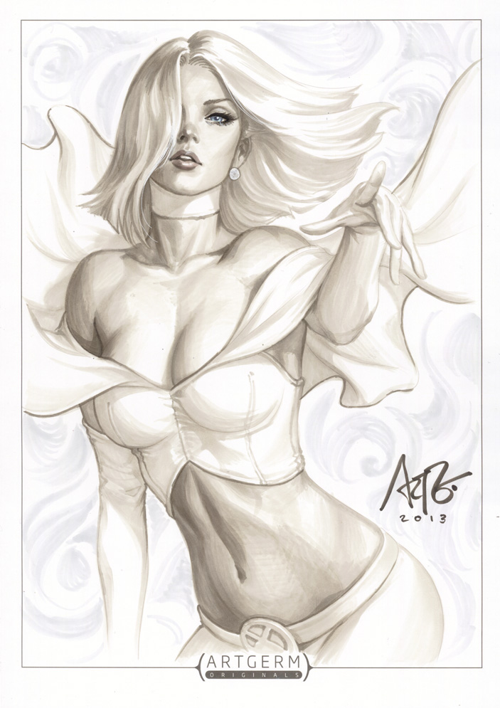 2013 bare_shoulders blue_eyes breasts cape choker cleavage collarbone earrings elbow_gloves emma_frost gloves jewelry large_breasts marker_(medium) marvel midriff navel signature solo stanley_lau traditional_media x-men