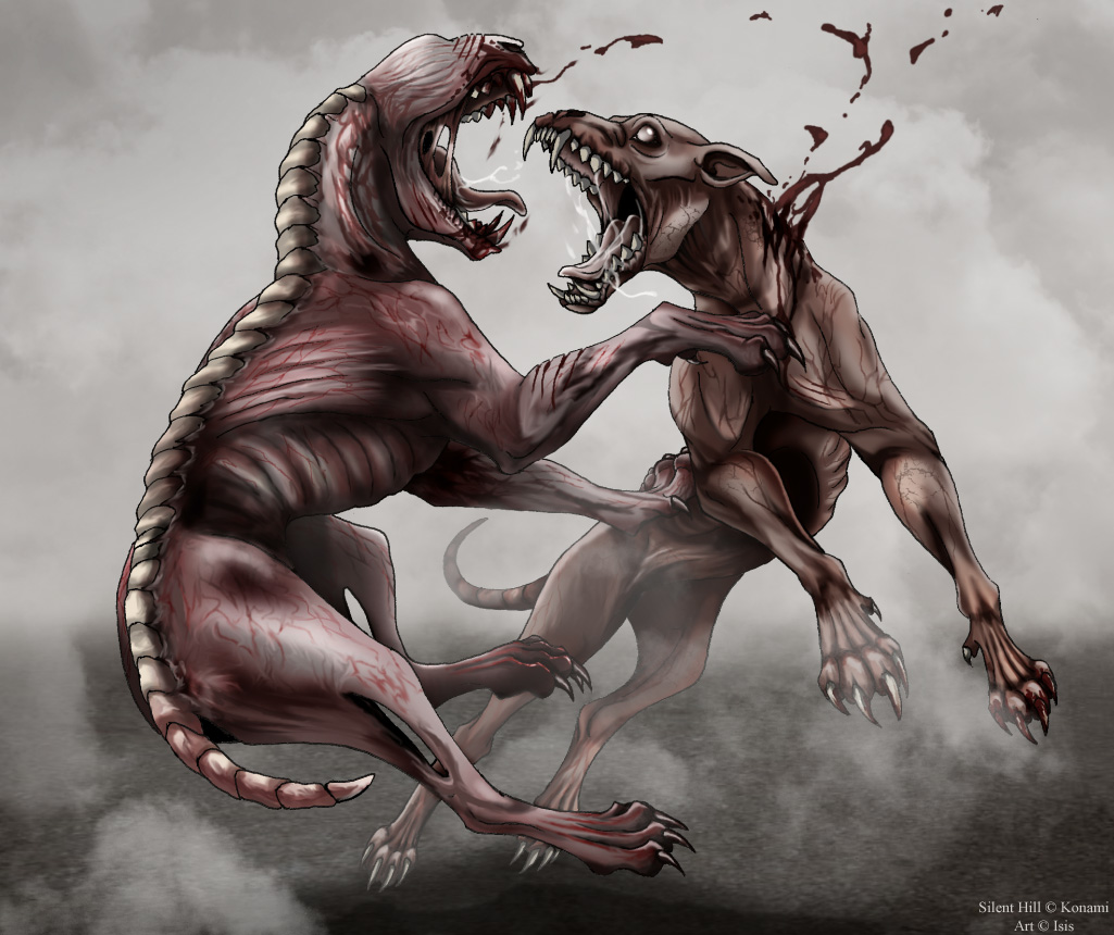 anatomy blood bone canine dog feral feral_(silent_hill) fight gore groaner isismasshiro mammal monster nightmare_fuel nlood silent_hill silent_hill_homecoming skinless spine video_games