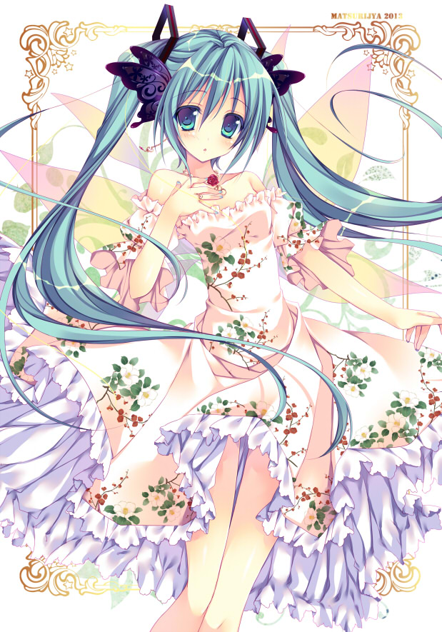 2013 bad_id bad_pixiv_id dress hand_on_own_chest hatsune_miku long_hair looking_at_viewer nanaroba_hana solo strapless strapless_dress thigh_gap twintails very_long_hair vocaloid wings