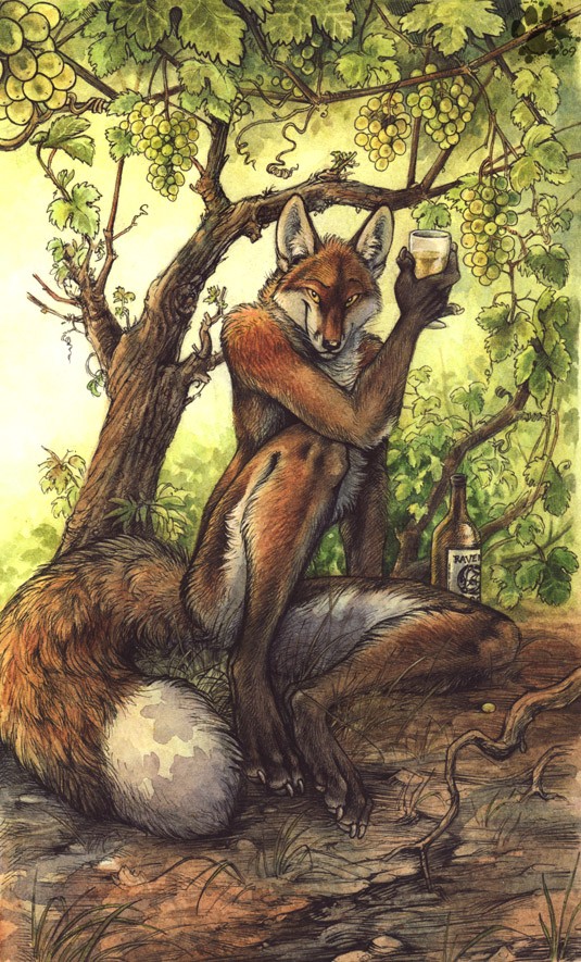 alcohol beverage big_tail blotch bottle branch brown_fur canine claws convenient_censorship detailed_background digitigrade fluffy_tail fox fur hindpaw leaves looking_at_viewer male mammal nude outside paws seductive sitting sitting_down smirk solo tree vineyard white_fur wine