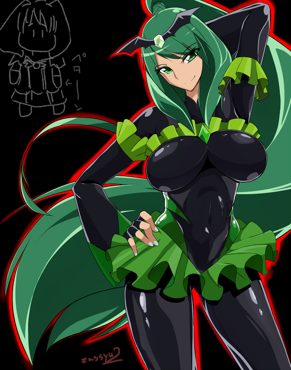 arm_up bad_end_march bad_end_precure black_background black_bodysuit bodysuit breasts covered_navel cure_march dark_persona fingerless_gloves gloves green_eyes green_hair green_skirt hand_on_hip highres large_breasts long_hair midorikawa_nao precure signature skirt smile smile_precure! tiara zasshu_nigou