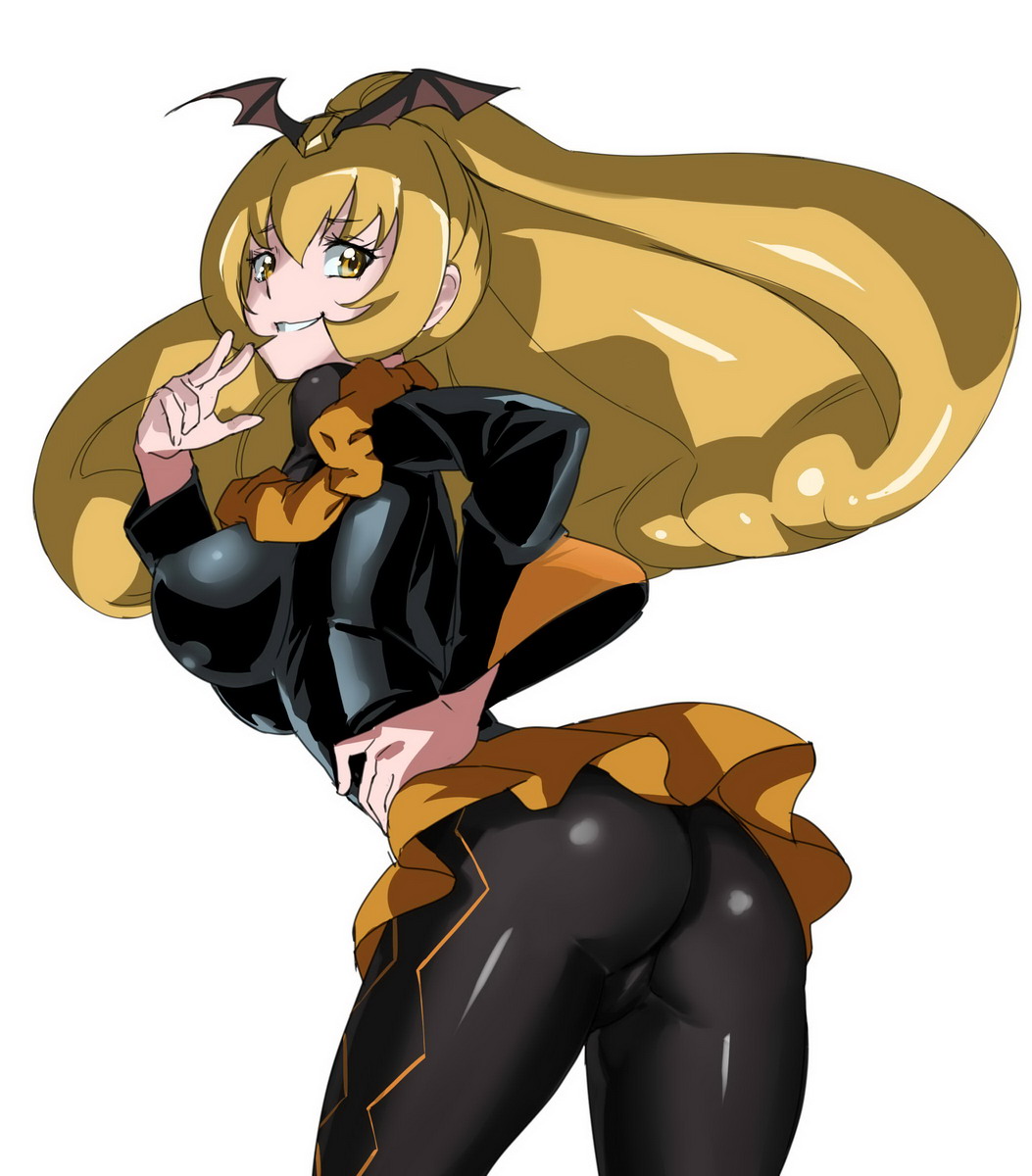 ass bad_end_peace bad_end_precure black_bodysuit blonde_hair bodysuit cowboy_shot dark_persona from_behind grin hand_on_hip highres leaning_forward long_hair looking_at_viewer looking_back makacoon precure skin_tight skirt smile smile_precure! smirk solo upskirt v white_background yellow_eyes