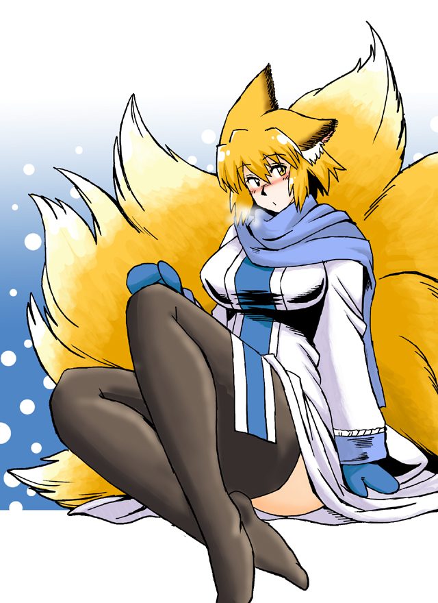 animal_ears azuki_osamitsu black_legwear blonde_hair blush breasts crossed_ankles dress fox_ears fox_tail large_breasts mittens multiple_tails no_shoes scarf short_hair sitting snow solo tail thighhighs touhou winter_clothes yakumo_ran yellow_eyes