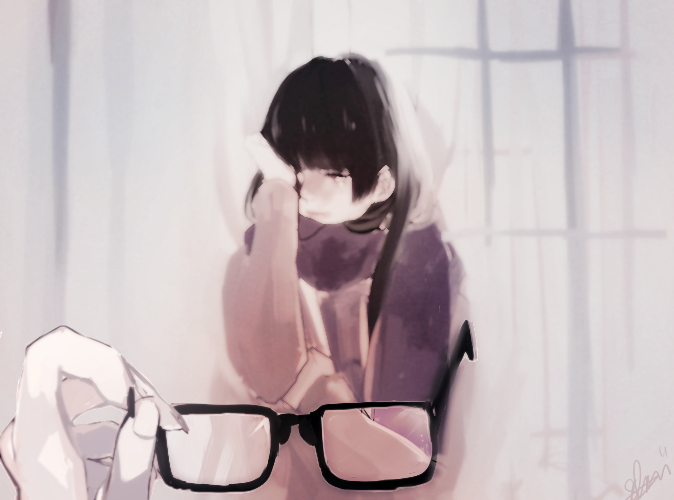 arm_up bad_id bad_pixiv_id black_hair blurry blurry_vision blush eyewear_removed glasses holding holding_eyewear long_hair merdell original out_of_frame pov pov_hands scarf tears wiping_tears