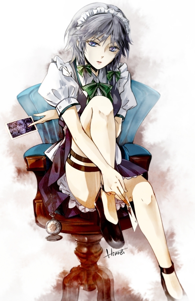 apron banned_artist blue_eyes blush braid card chair hino_mamori izayoi_sakuya knee_up light_smile lips maid maid_headdress pocket_watch ribbon short_hair silver_hair sitting skirt solo touhou twin_braids vest watch wristband