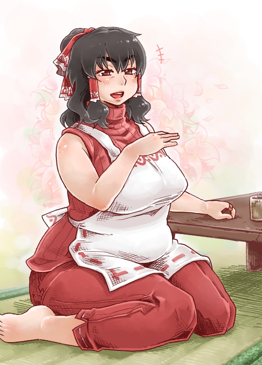 adapted_costume apron barefoot black_hair bow breasts brown_eyes cookie_(touhou) hair_bow hair_tubes hakurei_reimu kanna_(cookie) large_breasts pants plump ponytail ribbed_sweater sitting sleeveless solo sweater table tatami thick_eyebrows tobatoinu touhou wariza