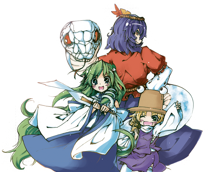 back bad_id bad_pixiv_id blonde_hair blush daitiru detached_sleeves frog_hair_ornament gohei green_eyes green_hair hair_ornament hair_ribbon hair_tubes hat kochiya_sanae leaf long_hair looking_back mishaguji moriya_suwako open_mouth purple_hair red_eyes ribbon short_hair skirt smile snake snake_hair_ornament thighhighs touhou white_legwear yasaka_kanako