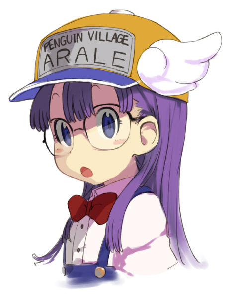 :o blue_eyes blush bow clothes_writing dr._slump glasses hat long_hair looking_at_viewer norimaki_arale overalls portrait purple_hair shirabi simple_background solo white_background winged_hat