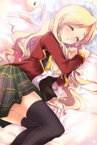 bed black_legwear blazer blonde_hair blush breasts cleavage clenched_hands closed_eyes deeple dress_shirt flint_(sword_girls) jacket long_hair lowres lying medium_breasts on_side open_clothes open_mouth open_shirt plaid plaid_skirt pleated_skirt ribbon school_uniform sheep shirt skirt sleeping solo stuffed_animal stuffed_toy sword_girls tattoo thighhighs very_long_hair wavy_hair