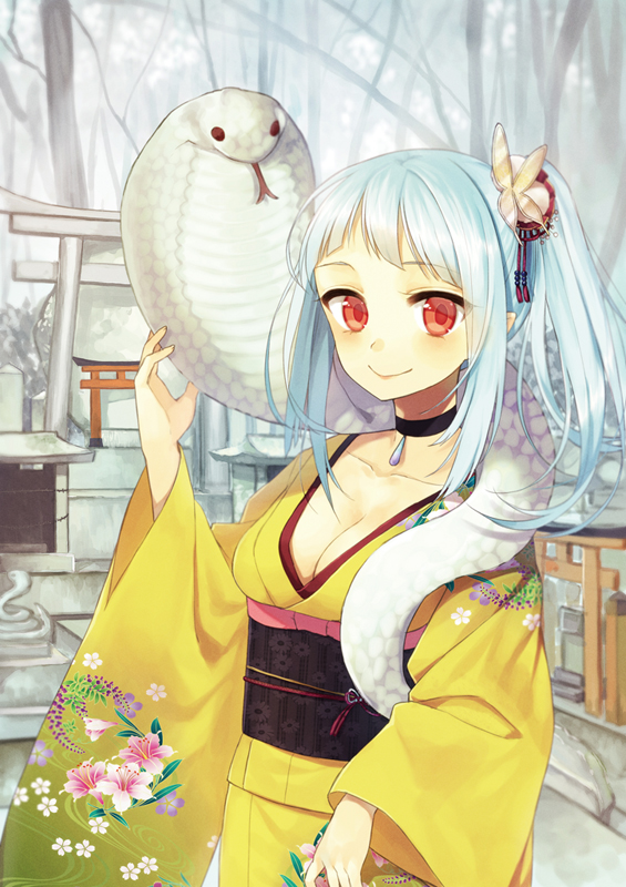 blue_hair breasts butterfly_hair_ornament choker cleavage collarbone floral_print hair_ornament japanese_clothes kimono long_hair looking_at_viewer medium_breasts midorikawa_you mini_torii multiple_torii new_year obi original ponytail red_eyes sash smile snake solo stone_torii torii