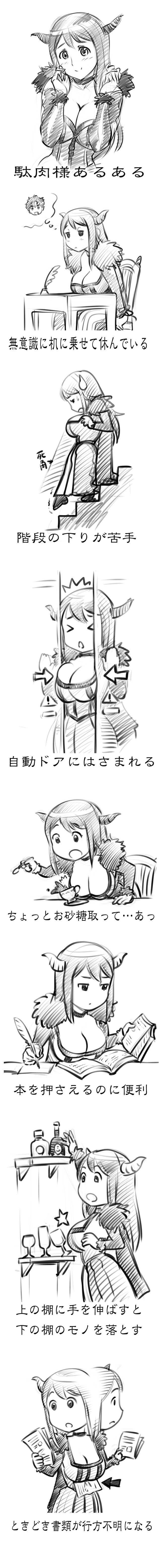 &gt;_&lt; 1girl :o absurdres book breast_rest breasts cleavage closed_eyes comic directional_arrow dress fur_trim greyscale highres horns inconvenient_breasts large_breasts long_hair long_image looking_at_viewer maou_(maoyuu) maoyuu_maou_yuusha monochrome smile tall_image thought_bubble translated ueyama_michirou