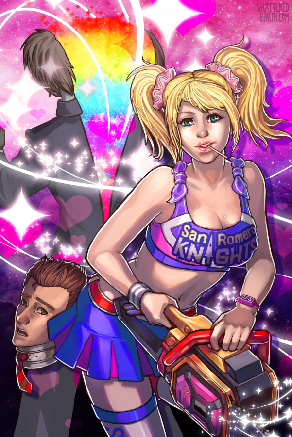 1girl blonde_hair blue_eyes breasts candy chainsaw cheerleader cleavage clothes_writing crop_top food juliet_starling large_breasts lollipop lollipop_chainsaw midriff miniskirt mouth_hold navel nick_carlyle parted_lips rainbow severed_head skirt susan_lau thighhighs twintails