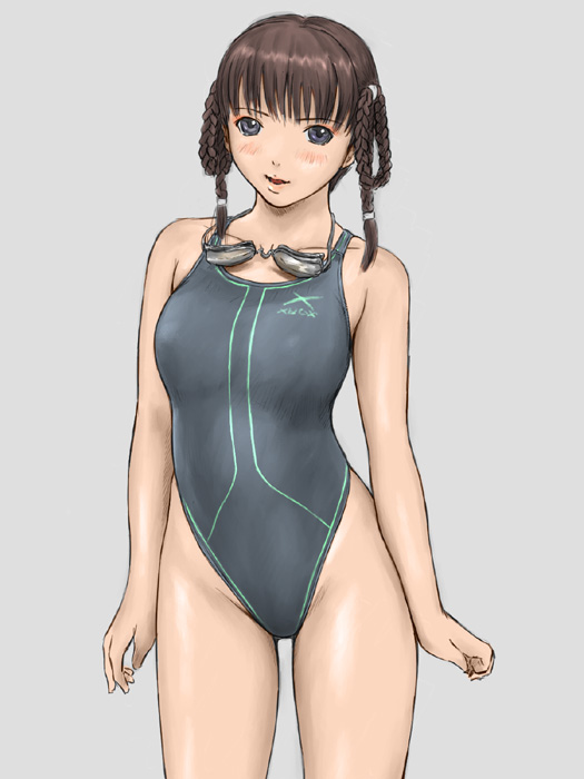 black_eyes braid brown_hair competition_swimsuit dead_or_alive game_console goggles highleg highleg_swimsuit kisaragi_gunma lei_fang non-web_source one-piece_swimsuit solo swimsuit twin_braids xbox