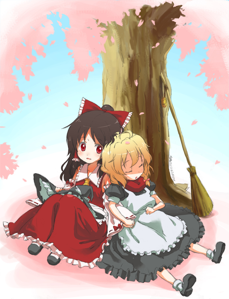 :d :o apron blonde_hair blush braid broom brown_hair cherry_blossoms detached_sleeves dress hakurei_reimu hat hat_removed headwear_removed holding_hands interlocked_fingers kirisame_marisa long_hair long_skirt mary_janes messy_hair mini-hakkero multiple_girls open_mouth ratte red_eyes scarf shaded_face shoes side_braid single_braid sitting skirt sleeping sleeping_on_person sleeping_upright smile touhou tree wavy_hair witch_hat yuri