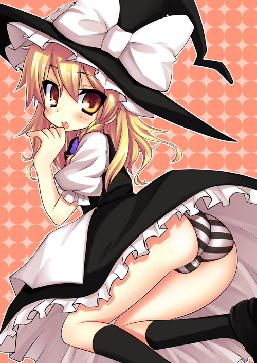 ass blonde_hair brown_eyes hat kirisame_marisa kou_(garakuta_teikoku) long_hair panties pantyshot skirt socks solo striped striped_panties touhou underwear witch_hat