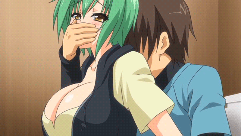 1boy 1girl aiba_matsuri animated animated_gif blush bounce bouncing_breasts breasts brown_hair cleavage clothed_sex cowgirl_position green_hair hetero huge_breasts oppai_heart penetration sex straddle straddling yellow_eyes