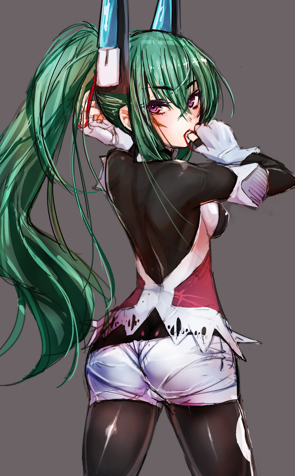 1girl adjusting_hair bare_shoulders blush bodysuit breasts brown_background detached_sleeves fingerless_gloves from_behind gloves green_hair hair_ornament highres large_breasts long_hair looking_back menou_kaname open_mouth original pantylines purple_eyes rough shorts simple_background solo standing taishi_(artist) very_long_hair