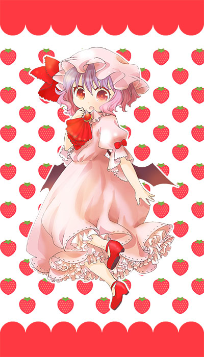 ascot bat_wings brooch dress food fruit gradient_hair hat hat_ribbon jewelry multicolored_hair open_mouth pink_dress pink_hair puffy_sleeves purple_hair red_eyes red_footwear remilia_scarlet ribbon shoes short_sleeves solo strawberry touhou umebayashi_saki wings