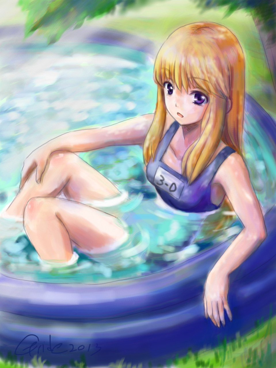 blonde_hair gride highres long_hair one-piece_swimsuit original partially_submerged purple_eyes school_swimsuit solo swimsuit wading_pool