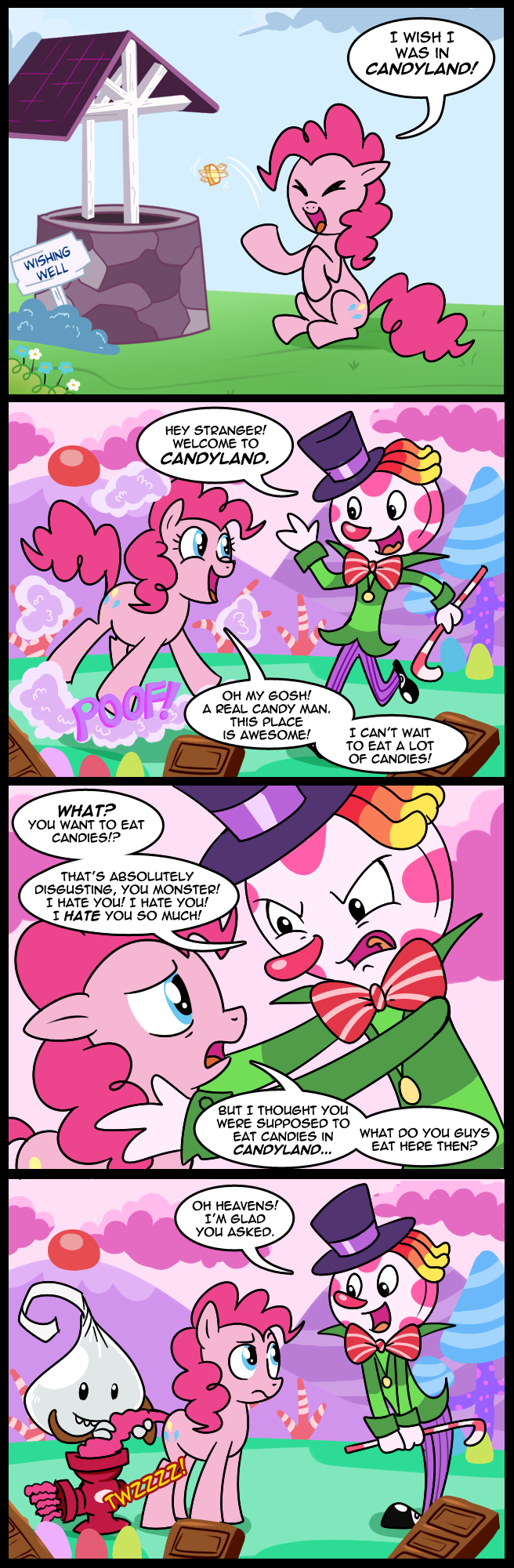 blue_eyes candyland cannibalism chocolate clothing coin comic cutie_mark dialog dialogue english_text equine female feral friendship_is_magic hat horse madmax mammal my_little_pony pinkie_pie_(mlp) pony text top_hat well wishing_well