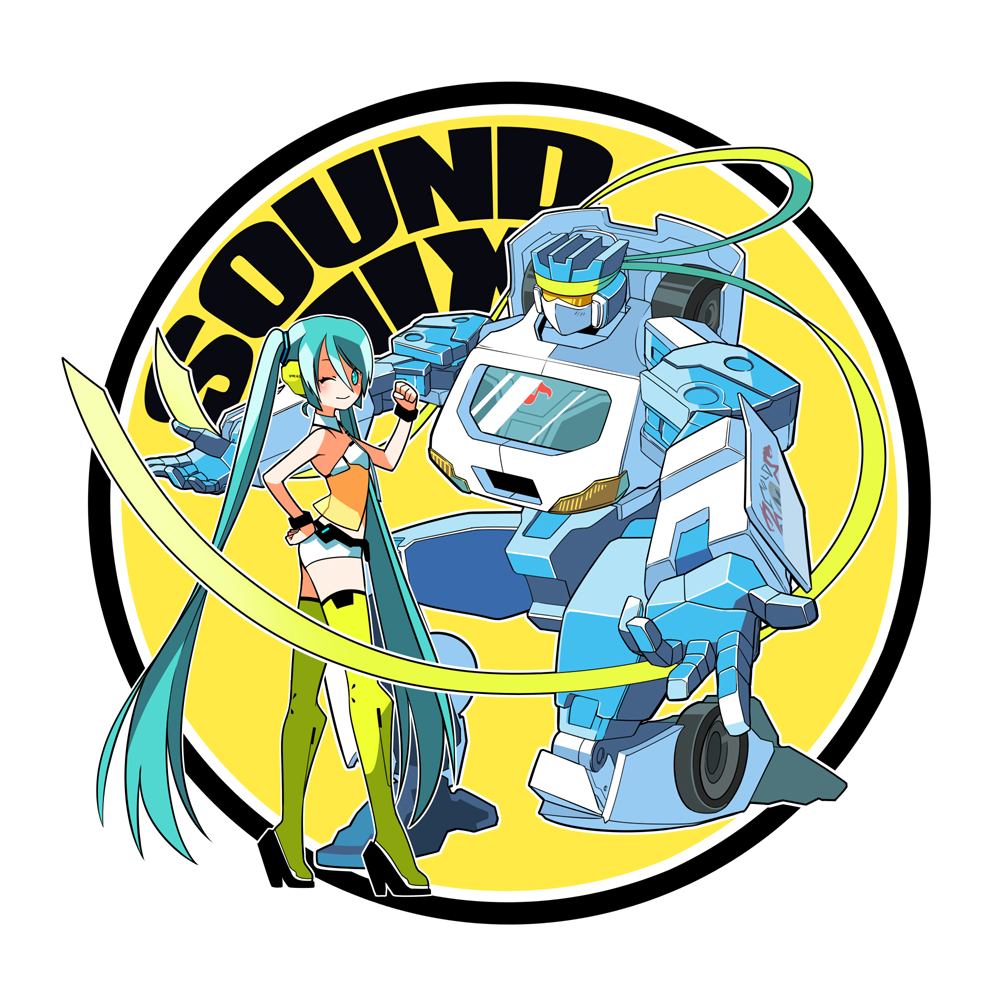 armor blue_hair closed_mouth crossover hatsune_miku holding long_hair looking_at_viewer machinery rkp simple_background size_difference smirk soundwave standing thighhighs transformers very_long_hair vocaloid white_background yellow_(vocaloid)