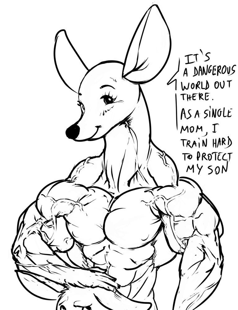 biceps breasts dialog dialogue female flat_chested furry_(artist) humor inks kanga kangaroo male mammal marsupial mother muscles muscular_female parent roo_(winnie_the_pooh) sketch smile son text winnie_the_pooh_(franchise) winnie_the_pool