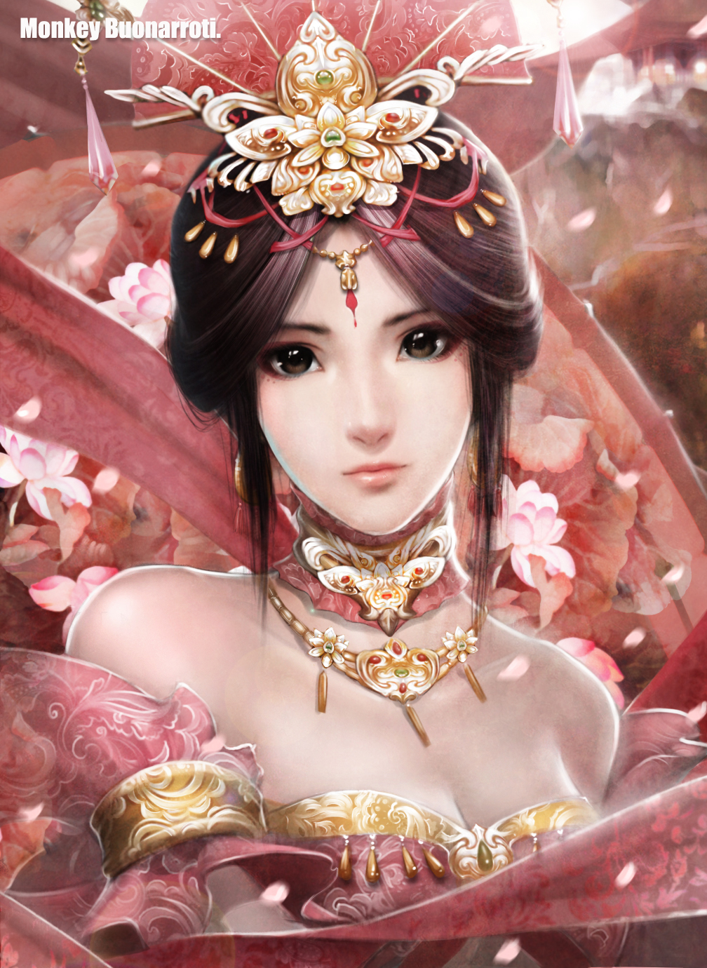 bad_id bad_pixiv_id bare_shoulders brown_eyes brown_hair collarbone flower hair_up headdress highres jewelry legend_of_the_swordsman_online lips looking_at_viewer monkey_buonarroti necklace signature solo
