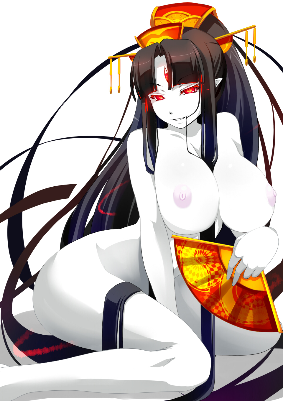 black_hair breasts demon_girl fan highres huge_breasts legs long_hair looking_at_viewer naughty_face nipples nude original pointy_ears shiki_(psychedelic_g2) simple_background smile solo thighs third_eye very_long_hair white_background white_skin