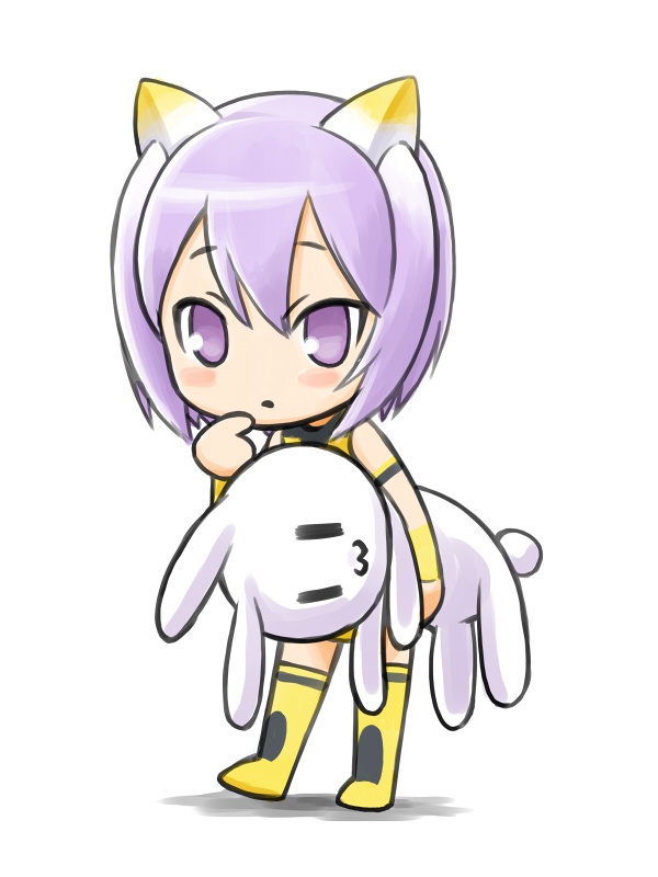 :3 animal_ears azuma_doguu blush boots busou_shinki carrying_under_arm cat_ears chibi detached_sleeves doll finger_to_mouth full_body holding holding_stuffed_animal looking_at_viewer partio pointing pointing_at_self purple_eyes purple_hair shadow short_hair simple_background solo standing stuffed_animal stuffed_bunny stuffed_toy white_background yellow_footwear |_|