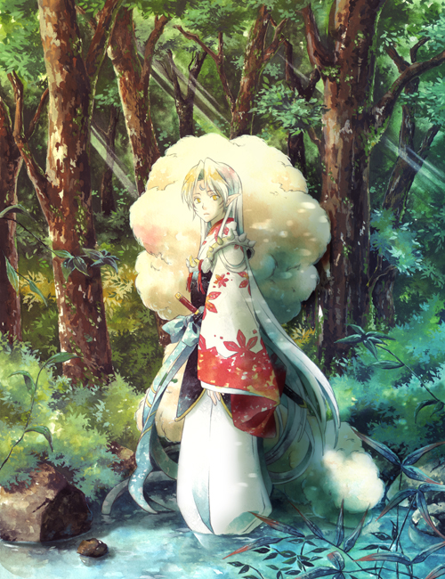 facial_mark forest fur inuyasha leaf light_rays long_hair looking_at_viewer male_focus nature pointy_ears pui_(sakanapuchi) rock sesshoumaru solo standing sunbeam sunlight water white_hair yellow_eyes younger
