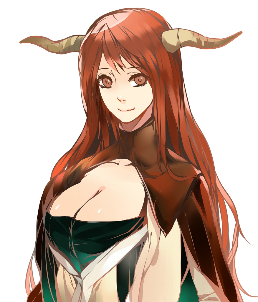 breasts citemer cleavage demon_girl horns large_breasts long_hair maou_(maoyuu) maoyuu_maou_yuusha red_eyes red_hair smile solo
