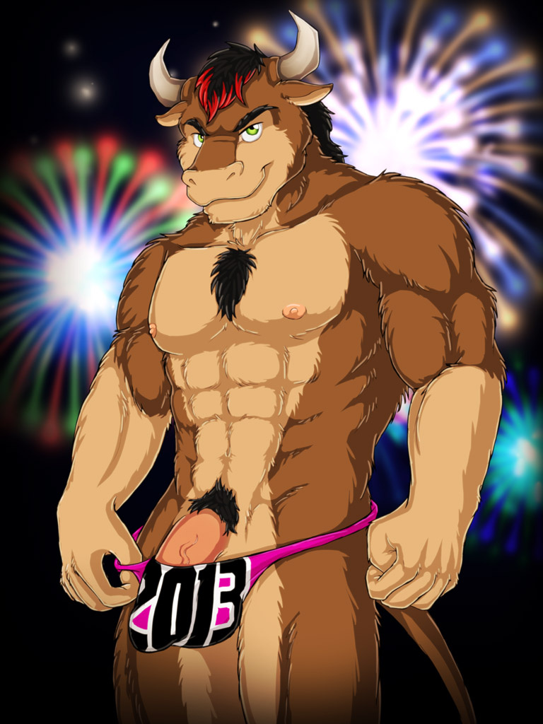 abs biceps big_muscles black_hair bovine bulge cattle chest_tuft dream_and_nightmare fur green_eyes hair looking_at_viewer male mammal muscles nude pecs penis red_hair solo speedo swimsuit teasing thong tuft underwear