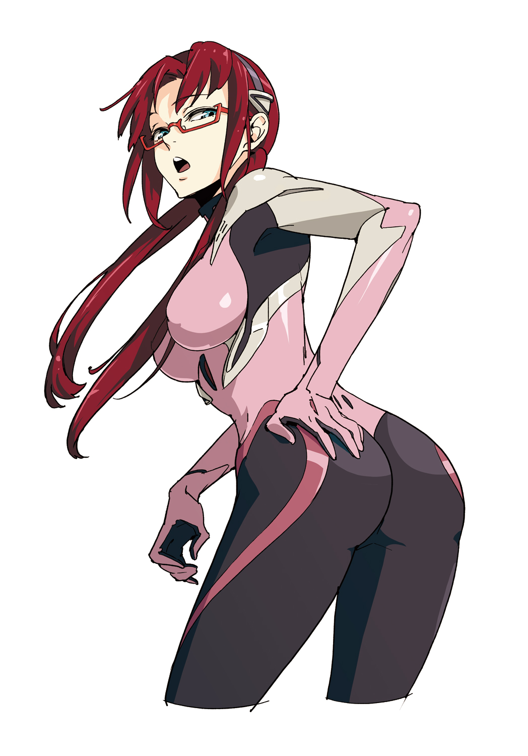 9aki ass bad_id bad_pixiv_id blue_eyes bodysuit brown_hair cowboy_shot cropped_legs from_behind glasses hand_on_ass highres looking_at_viewer looking_back makinami_mari_illustrious neon_genesis_evangelion open_mouth pink_bodysuit plugsuit rebuild_of_evangelion red_hair simple_background solo twintails white_background