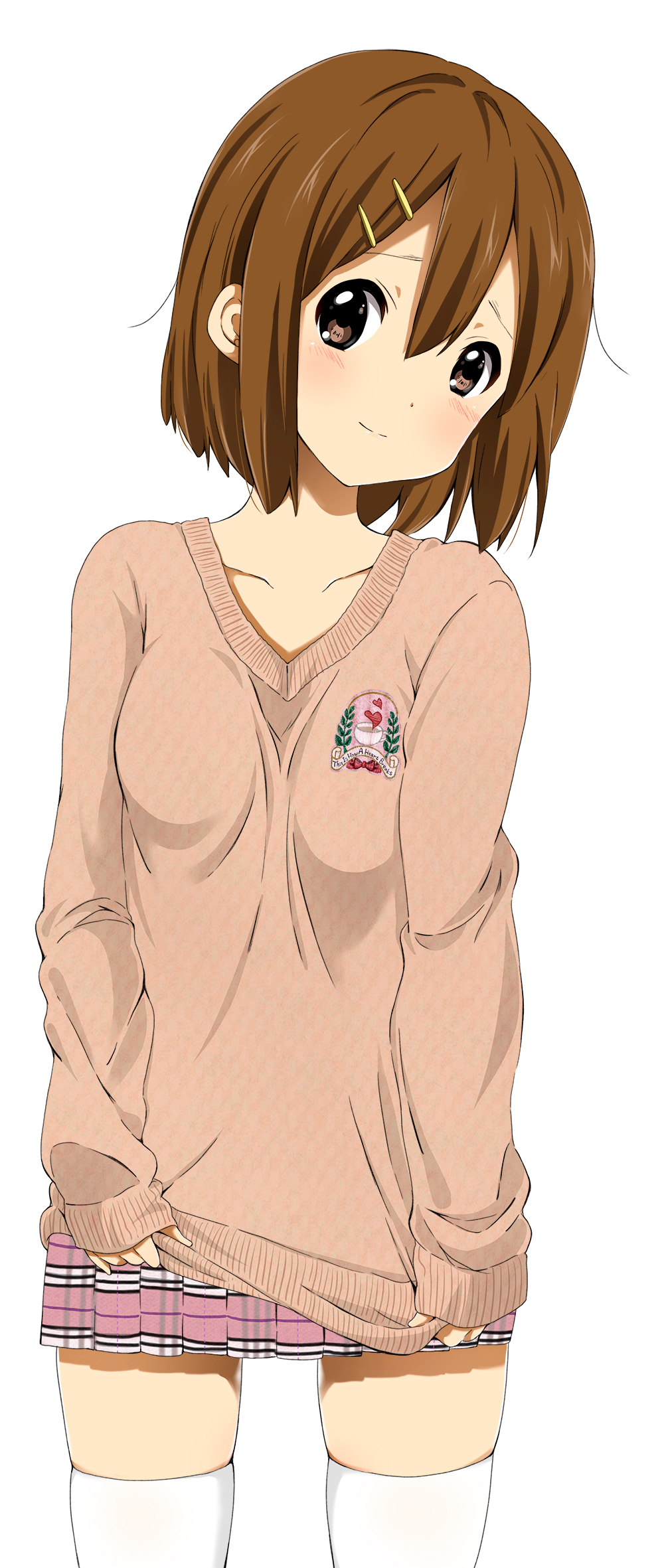 bad_id bad_pixiv_id blush brown_eyes brown_hair casual clothes_tug cowboy_shot hair_between_eyes hair_ornament hairclip head_tilt highres hirasawa_yui k-on! light_smile looking_at_viewer official_style plaid plaid_skirt ragho_no_erika short_hair simple_background skirt smile solo squinting sweater sweater_tug thighhighs white_background white_legwear zettai_ryouiki