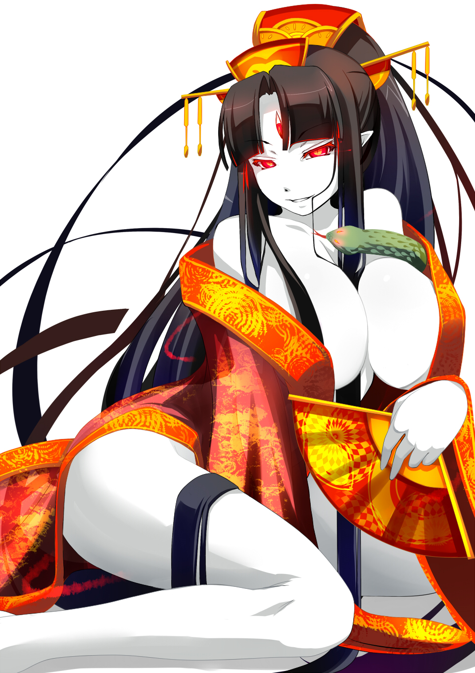 between_breasts black_hair breasts cleavage curvy demon_girl fan glowing glowing_eyes hair_ornament highres huge_breasts japanese_clothes kimono legs long_hair looking_at_viewer naughty_face original pointy_ears red_eyes shiki_(psychedelic_g2) simple_background slit_pupils smile smirk snake solo textless thighs third_eye very_long_hair white_background white_skin