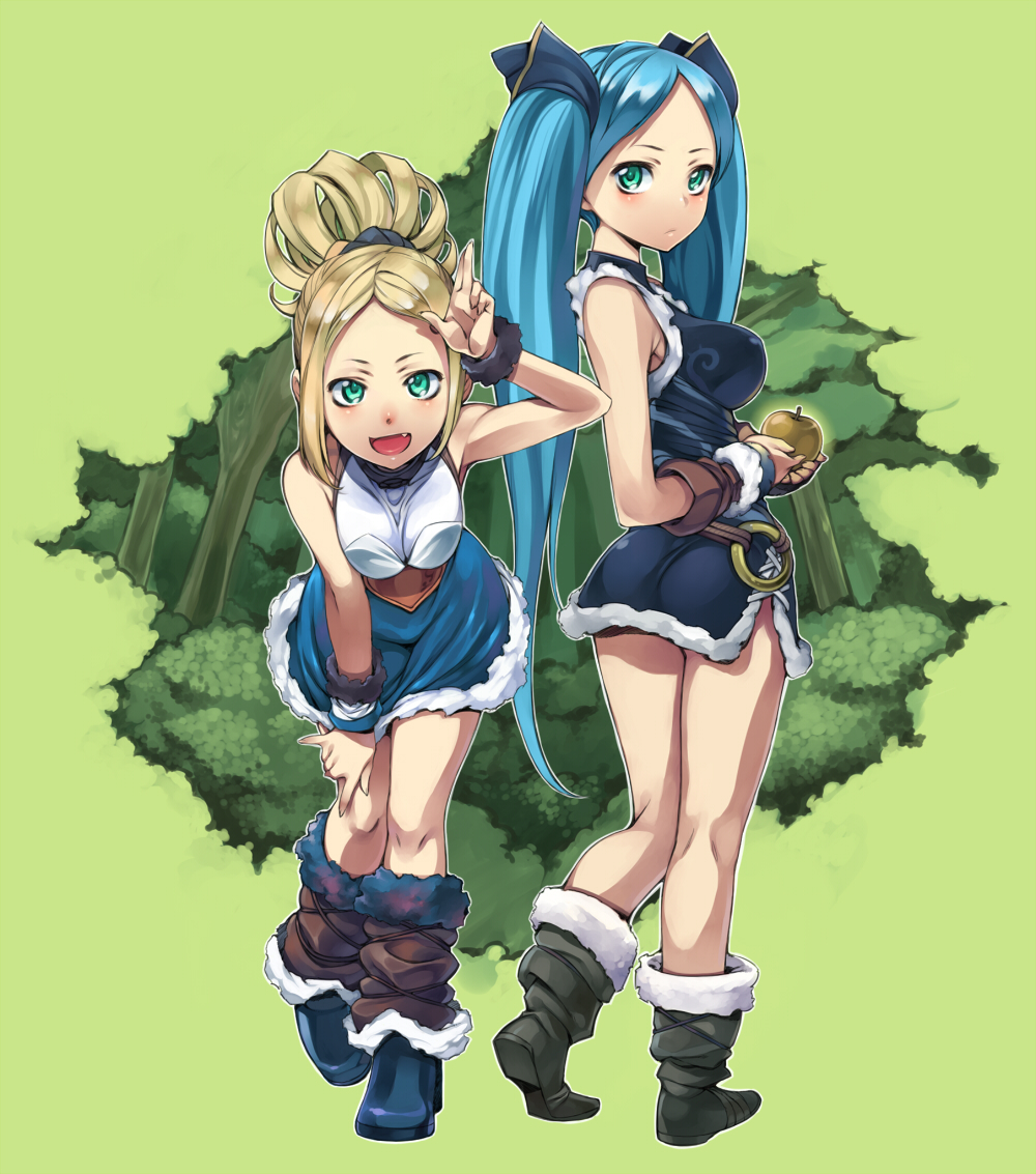 :d apple aqua_hair bare_legs blonde_hair blue_hair boots china_dress chinese_clothes dress fang food fruit green_eyes idunn_&amp;_idunna leaning_forward legs multiple_girls open_mouth puzzle_&amp;_dragons side_slit sleeveless smile tama1130 twintails wristband