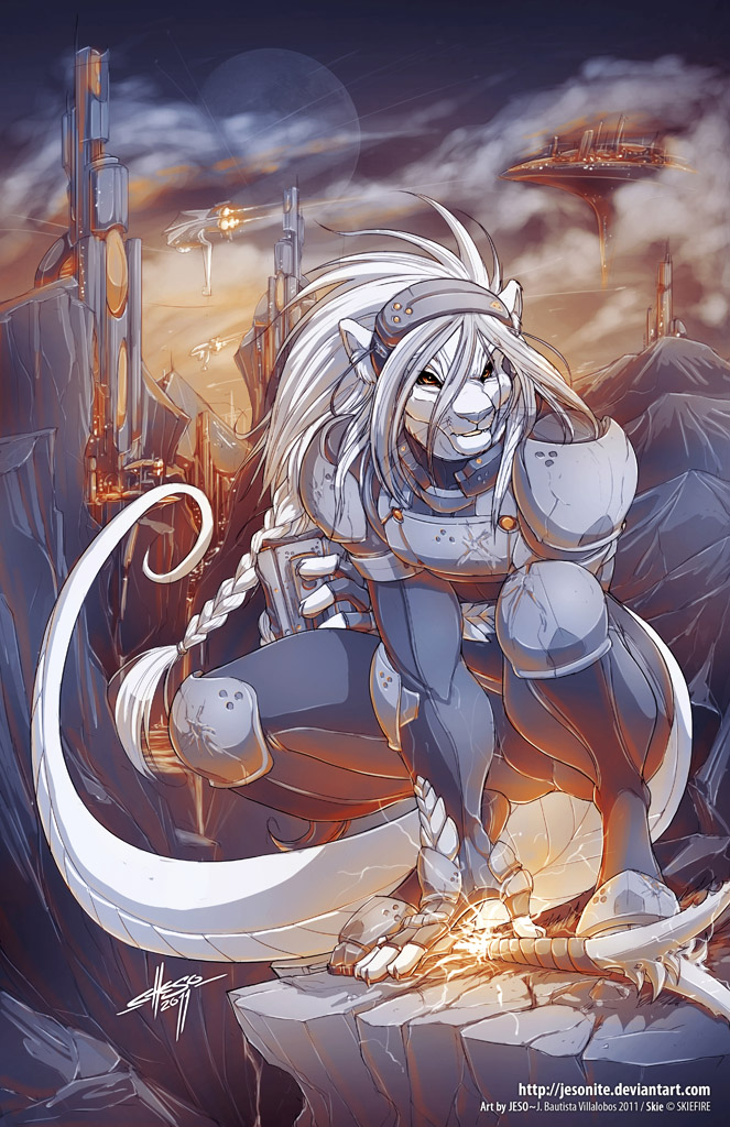 angry armor braid feline frown fur futuristic gloves hair headband jeso mammal weapon white_fur white_hair