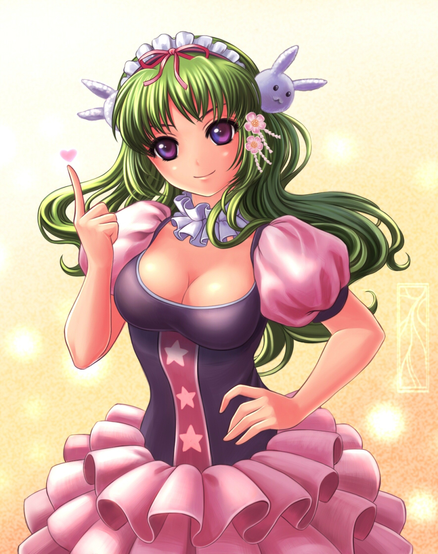 1girl breasts female finger_up green_hair hairband kotikomori long_hair looking_at_viewer point purple_eyes smile solo star