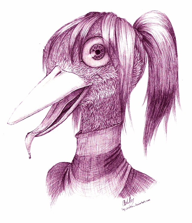 ashley_(lmputation) beak bird ponytail realistic signature simple_background solo tongue toriningen turtleneck watermark yume_nikki