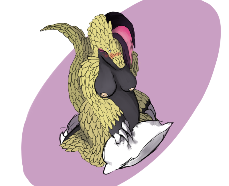 blush_(artist) breasts chubby claws emo female hair multi-colored_hair pangolin pillow punk scales scalie simple_background solo trinitycollapse