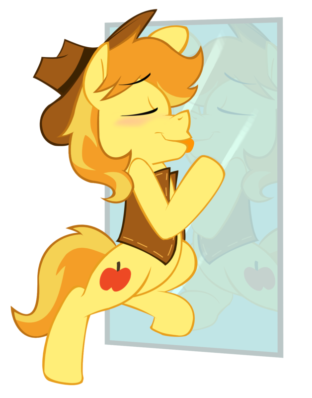 blonde_hair blush braeburn_(mlp) cutie_mark equine eyes_closed feral friendship_is_magic fur hair hat horse kissing licking male mammal mirror my_little_pony nannurs narcissism plain_background pony selfcest solo square_crossover tongue transparent_background yellow_fur