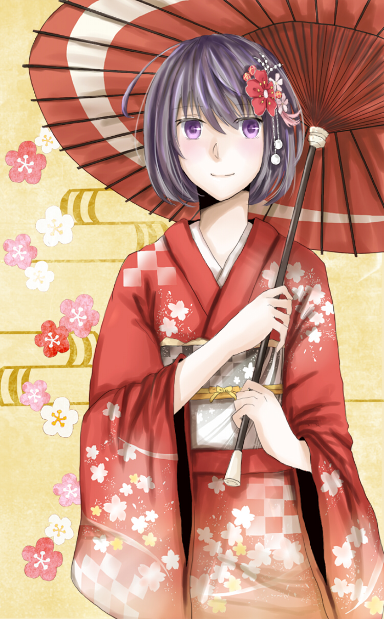 floral_background floral_print hair_ornament hieda_no_akyuu highres japanese_clothes kimono oriental_umbrella parasol pumpkin-crazy short_hair smile solo touhou umbrella