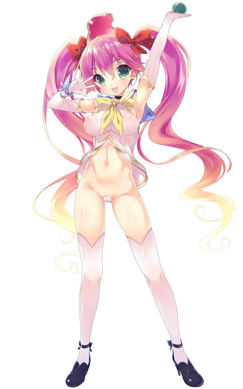 arm_up ass bare_shoulders blush bow breasts cameltoe covered_nipples elbow_gloves full_body gloves gradient_hair green_eyes hair_bow hair_ornament high_heels highres holding large_breasts long_hair looking_at_viewer maebari multicolored_hair mushihime-sama navel open_mouth perky_breasts pink_hair reco sailor_collar shoes show_(rinnetenshow) sleeveless smile solo strapless_bottom thighhighs twintails underwear v very_long_hair white_legwear yellow_bow