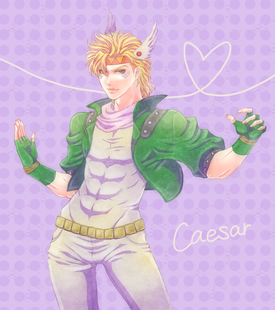 abs bad_id bad_pixiv_id blonde_hair caesar_anthonio_zeppeli contrapposto facial_mark fingerless_gloves gloves green_eyes head_wings headband heart heart_of_string jacket jojo_no_kimyou_na_bouken male_focus solo standing time003