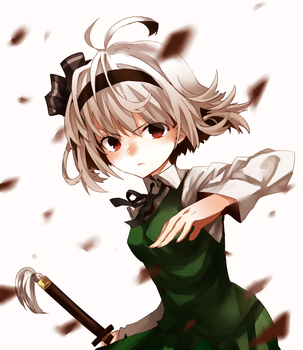 ahoge arm_up frown hair_ribbon konpaku_youmu long_sleeves looking_at_viewer mephist-pheles open_hand petals red_eyes ribbon short_hair simple_background skirt solo sword touhou vest weapon white_background white_hair