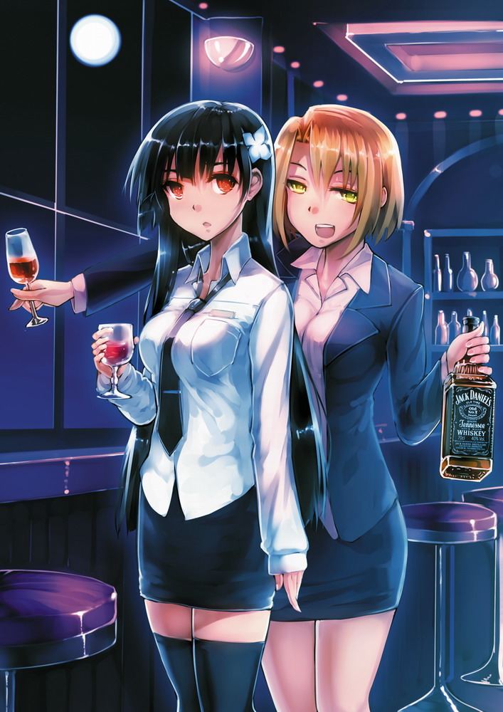 :d :o alcohol bad_id bad_pixiv_id bar bar_stool black_hair blonde_hair bottle cup drinking_glass flower formal full_moon green_eyes hair_flower hair_ornament hydrangea jack_daniel's jacket long_hair looking_at_viewer moon multiple_girls necktie night office_lady open_mouth pencil_skirt product_placement red_eyes sanka_rea sankarea saouji_ranko short_hair siqi_(miharuu) skirt skirt_suit smile stool suit thighhighs whiskey window wine_glass