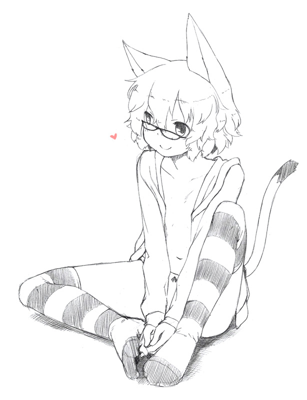 animal_ears cat_ears cat_tail flat_chest glasses heart hood hood_down hoodie majima_yuki monochrome open_clothes open_shirt original panties shirt short_hair simple_background smile solo striped striped_legwear tail thighhighs underwear white_background