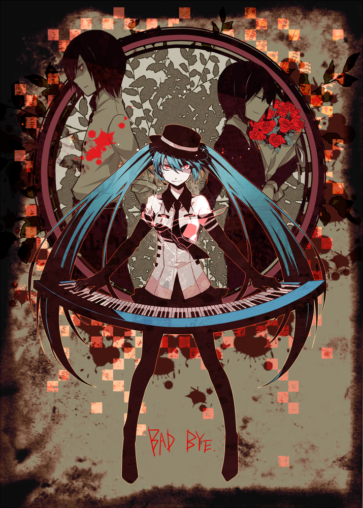 aqua_hair back-to-back badbye_(vocaloid) bouquet elbow_gloves flower gloves hat hatsune_miku instrument keyboard_(instrument) long_hair looking_at_viewer necktie pantyhose rose solo twintails very_long_hair vocaloid yosakuh